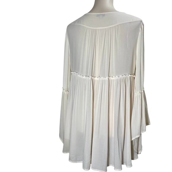 John Mark Tunic Top Womens Medium Cream Boho Tunic Keyhole Tie Neck Bell Sleeves - Picture 6 of 9